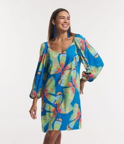 Vestido Curto em Linho com Manga 3/4 e Estampa Borboletas