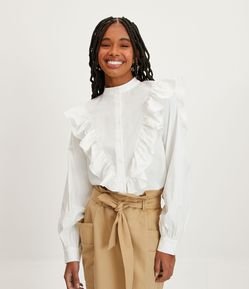 Camisa Manga Longa em Tricoline com Babados V e Pregas no Punhos
