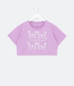 Blusa Cropped com Estampa Holográfica de Borboletas - Tam 5 a 14 Anos