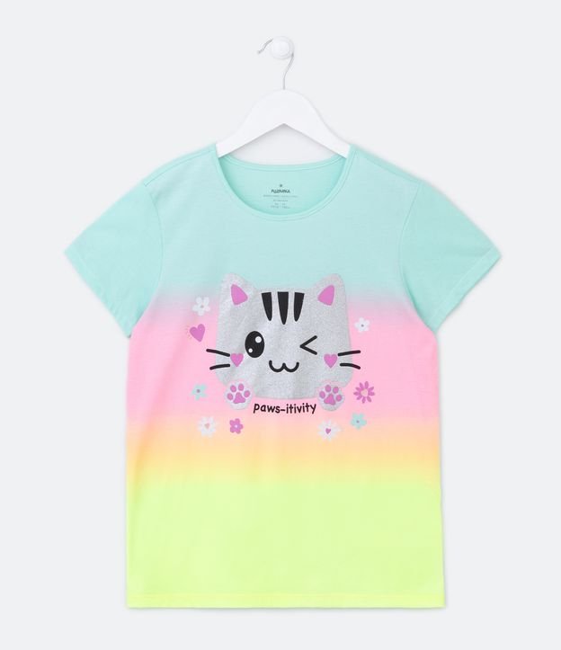 Camiseta Infantil Dip Dye com Estampa de Gatinha Brilhosa - Tam 5 a 14 Anos - Cor: Verde - Tamanho: 9-10