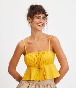 Blusinha Cropped de Alça em Tricoline com Franzidos e Lastex