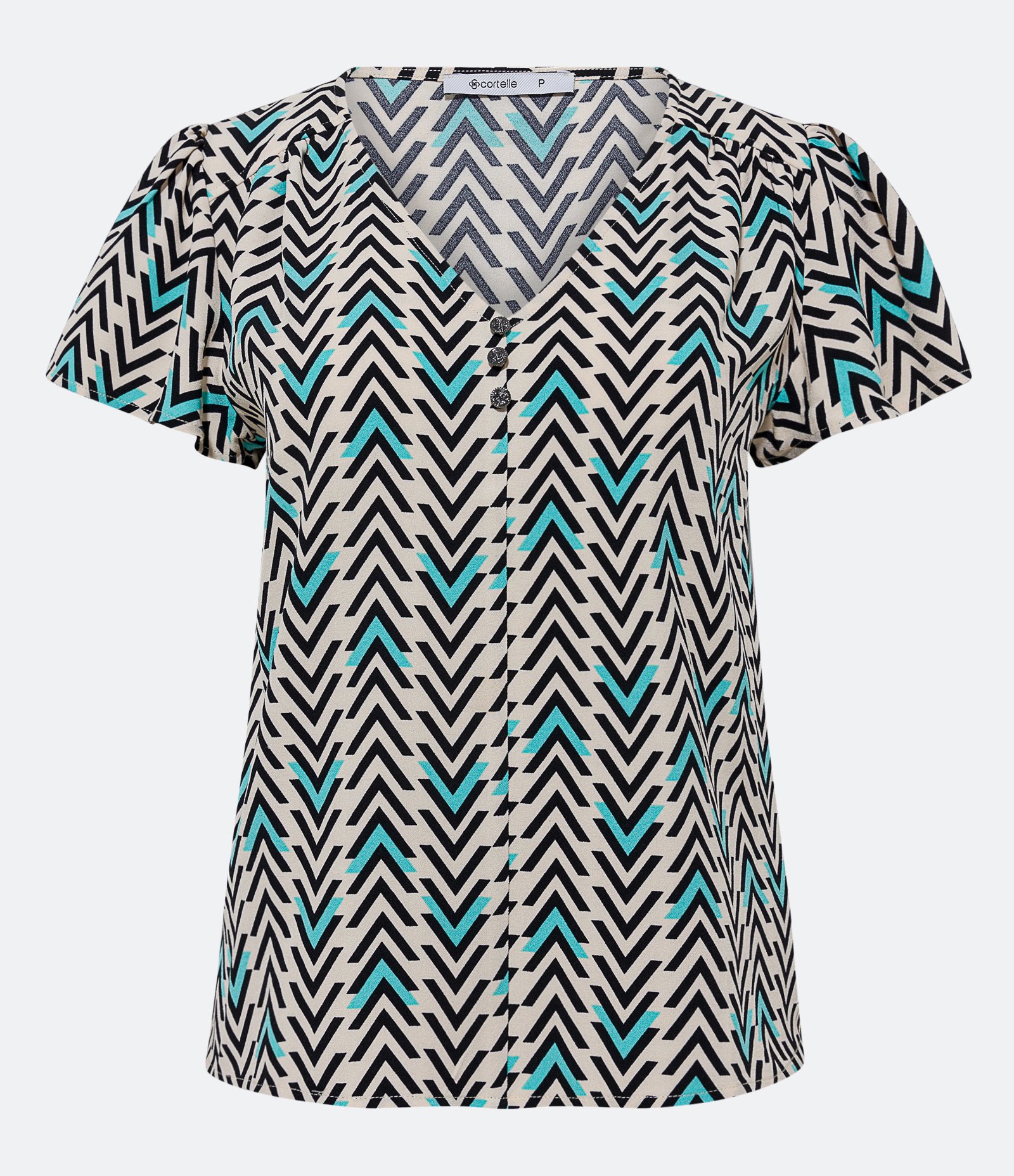 Blusa Manga Curta em Crepe com Prega na Cava e Estampa Geométrica Bege/Preto/Azul Turquesa 1