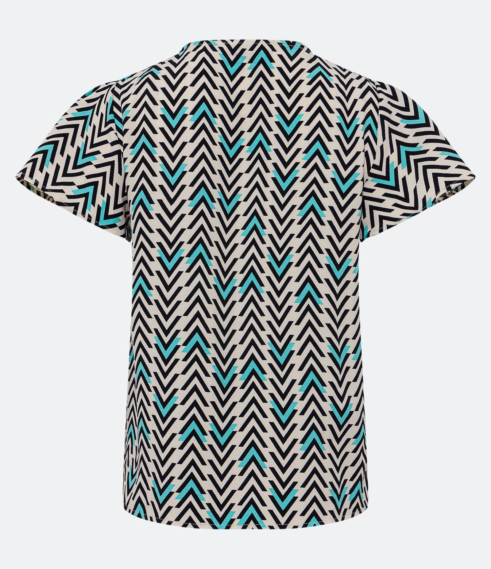 Blusa Manga Curta em Crepe com Prega na Cava e Estampa Geométrica Bege/Preto/Azul Turquesa 3