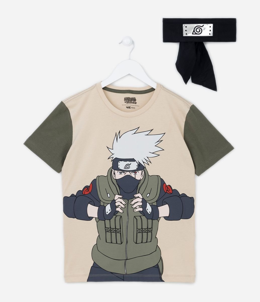 Camiseta Infantil com Estampa do Sasuke Acompanha Bandana - Tam 5 a 12 anos  Cinza