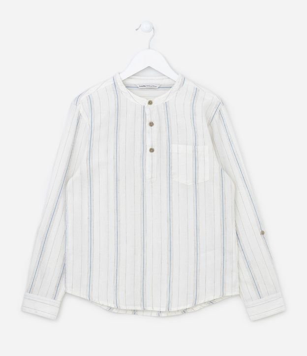 Camisa Manga Longa Infantil em Linho com Estampa Listrada - Tam 5 a 14 anos Branco 1