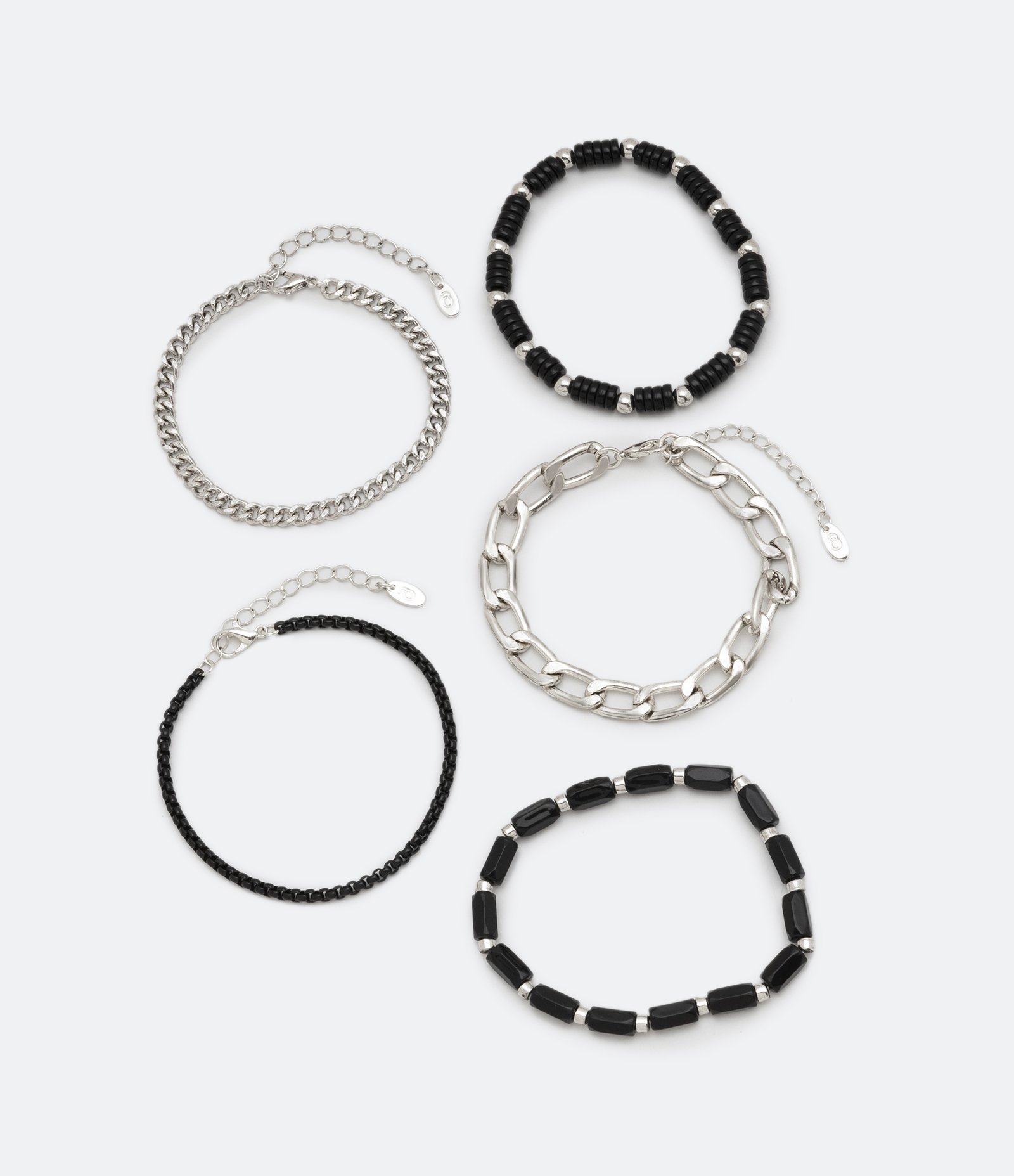 Kit 05 Pulseiras com Correntes e Pedras Prata/ Preto 1