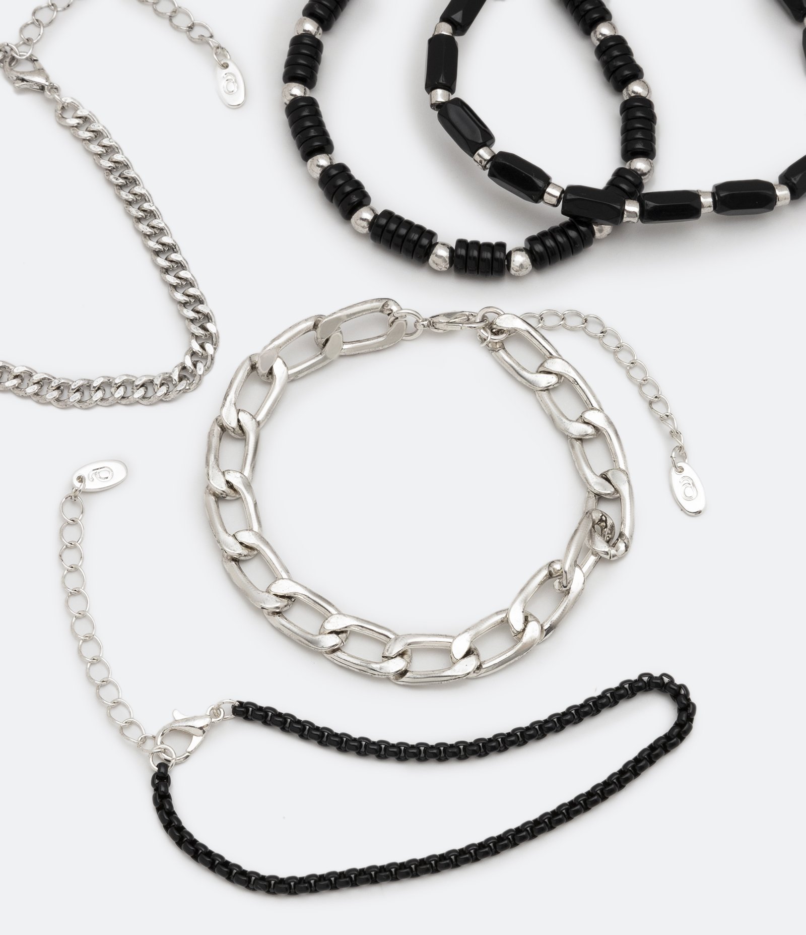 Kit 05 Pulseiras com Correntes e Pedras Prata/ Preto 2