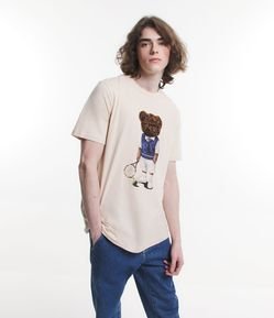 Camiseta Regular em Meia Malha com Estampa de Urso em Chenille