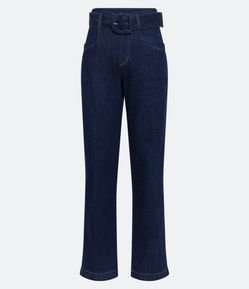 Calça Reta Cintura Alta em Jeans com Cinto Forrado Afivelado
