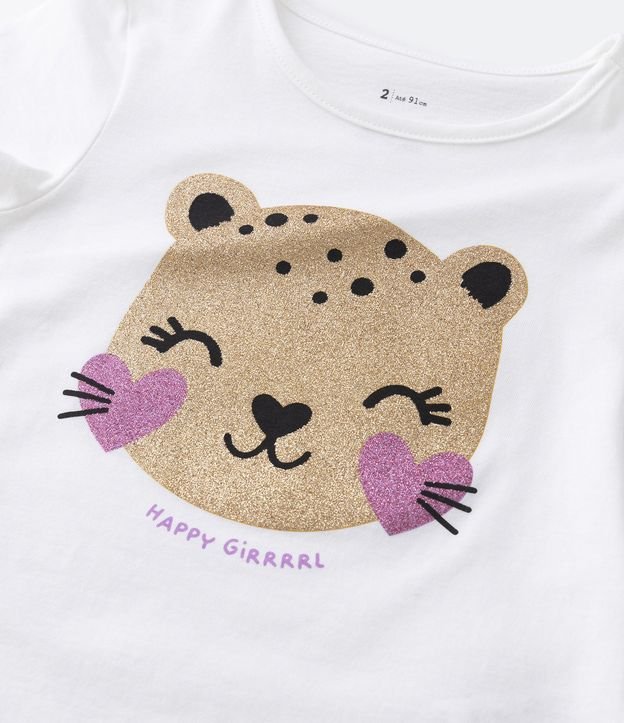 Camiseta Infantil com Estampa de Oncinha Feliz e Glitter - Tam 1 a 5 Anos Off White 3