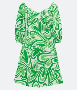 Vestido Curto em Linho com Mangas Bufantes e Estampa Corações