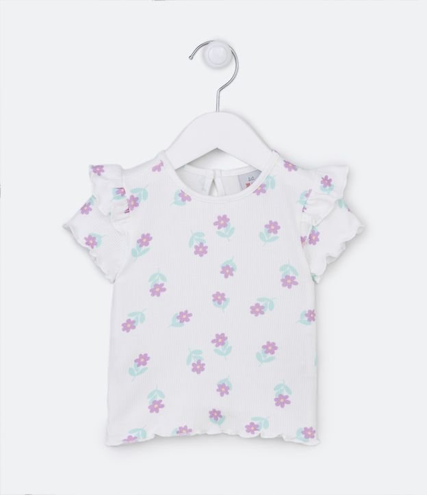Camiseta Infantil Canelada com Estampa Floral e Babados - Tam 3 a 18 Meses