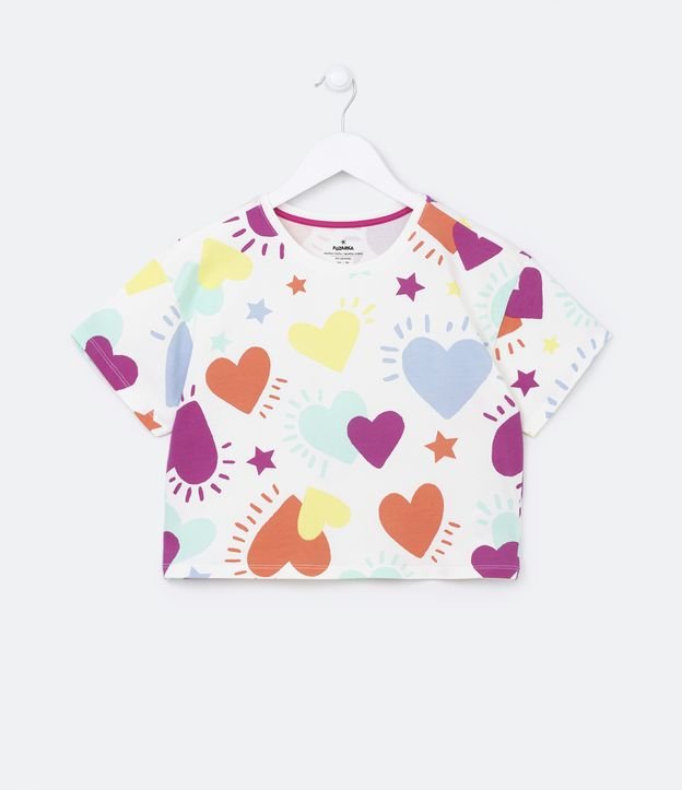 Blusa Cropped Infantil com Estampa de Corações - Tam 5 a 14 Anos - Cor: Branco - Tamanho: 7-8