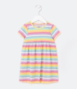 Vestido Infantil Canelado com Frufru e Estampa Listrada - Tam 1 a 5 Anos