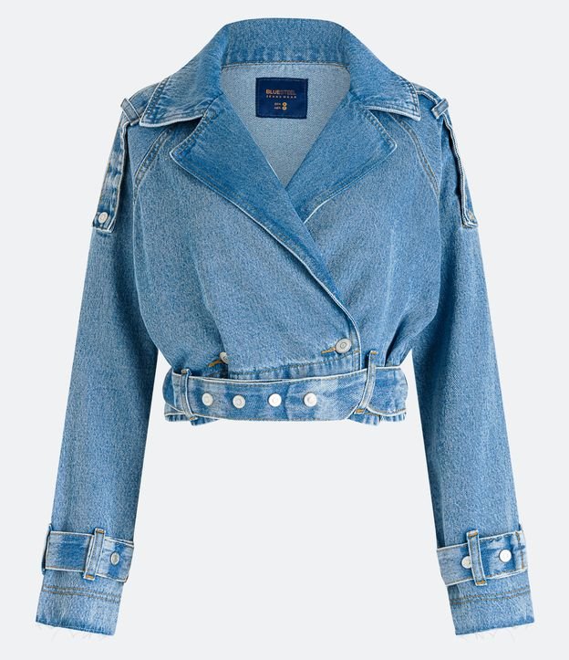 Jaqueta Jeans Estilo Trench Coat com Cinto Azul 5