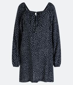 Vestido Curto em Viscose com Manga Longa e Estampa Poá Diferenciado