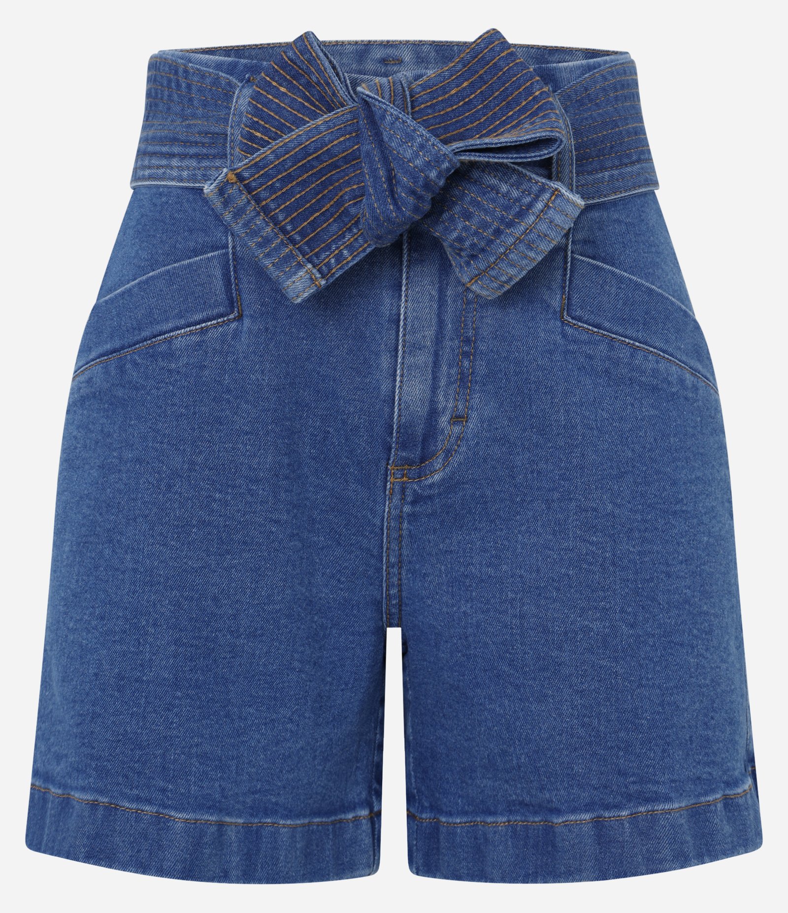 Short Cintura Alta em Jeans com Cinto de Tecido Pespontado Azul 5