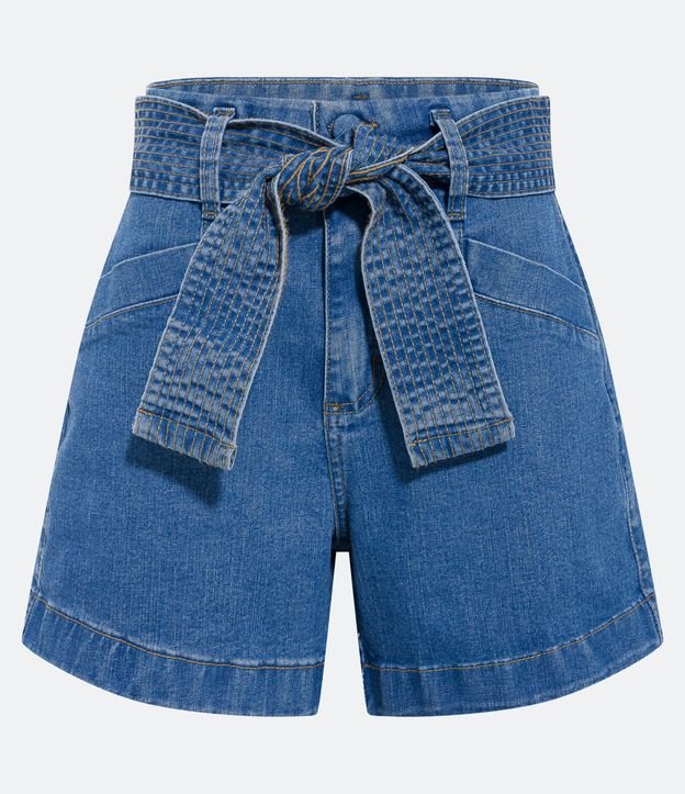 Short Cintura Alta em Jeans com Cinto de Tecido Pespontado Azul 5
