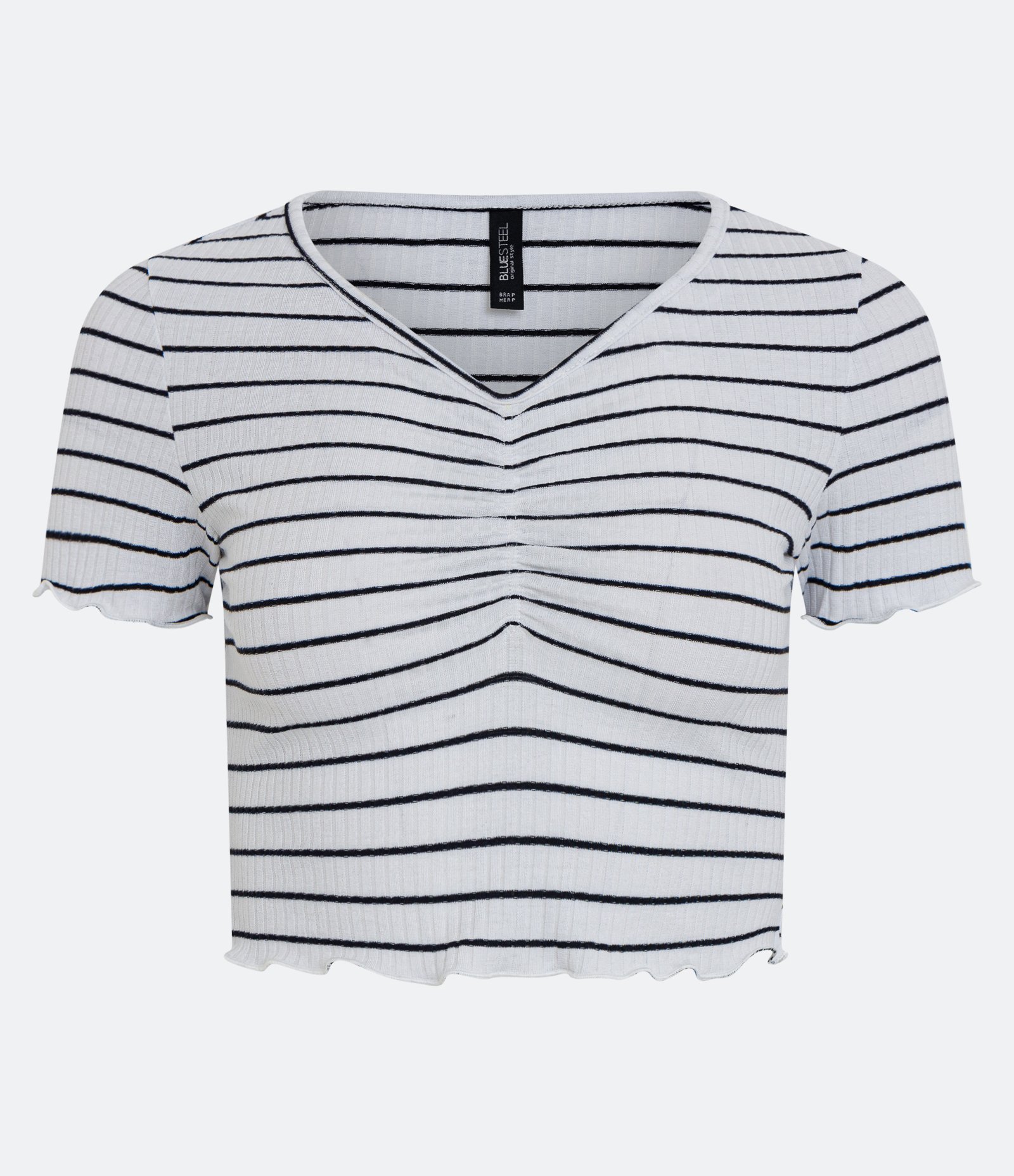Blusinha Cropped em Ribana Listrada Canelada com Manga Curta Branco Neve 1