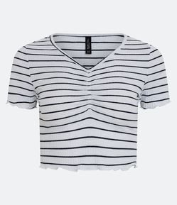 Blusinha Cropped em Ribana Listrada Canelada com Manga Curta