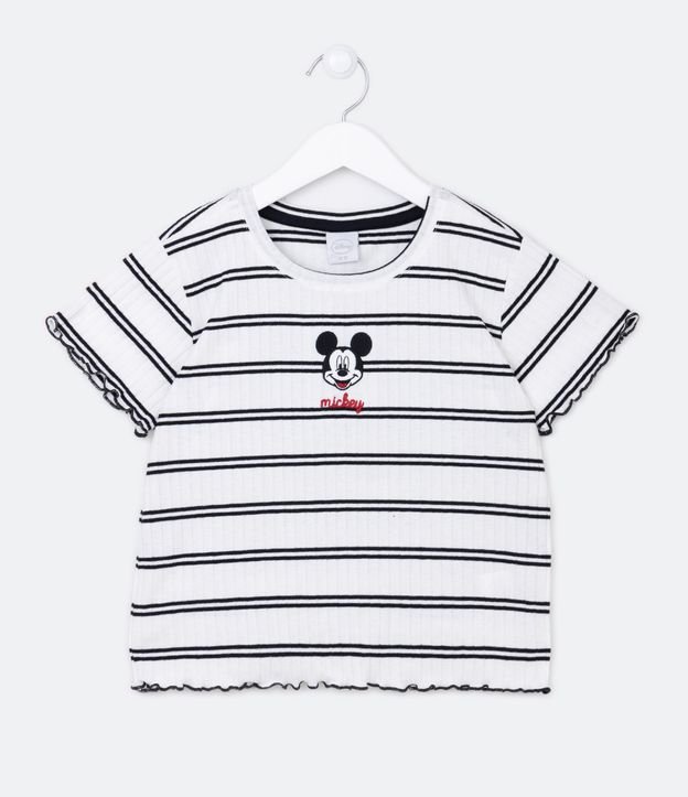 Camiseta Infantil Canelada com Bordado Mickey e Frufru - Tam 5 a 14 Anos - Cor: Branco Neve - Tamanho: 11-12