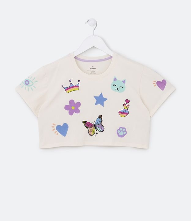 Blusa Super Cropped em Cotton com Estampa de Doodles - Tam 5 a 14 Anos