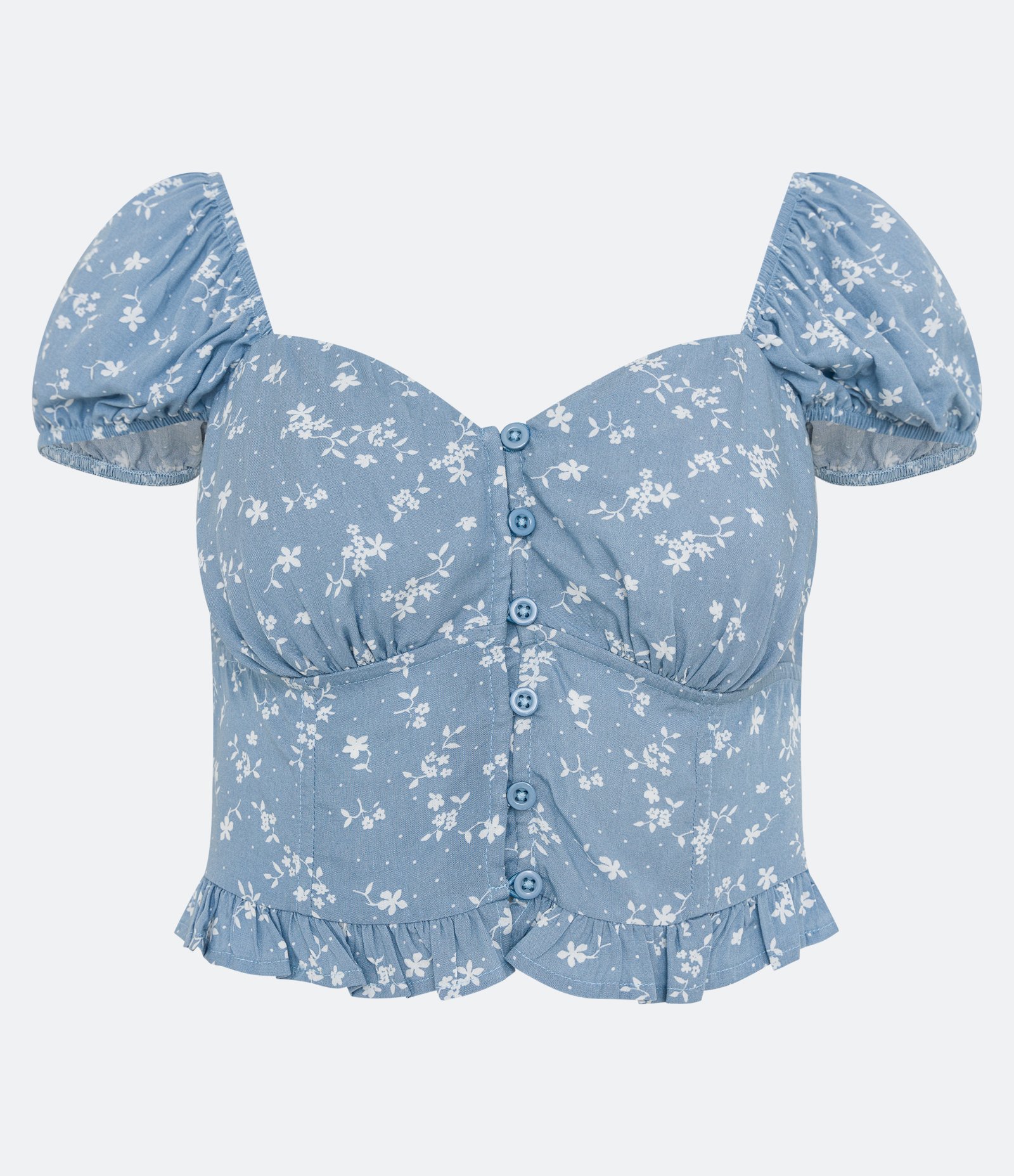 Blusa Cropped em Viscose Manga Bufante e Estampa Floral Azul 5