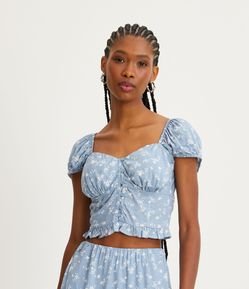Blusa Cropped em Viscose Manga Bufante e Estampa Floral