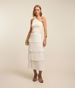 Saia Midi em Crepe com Sobreposições Plissadas