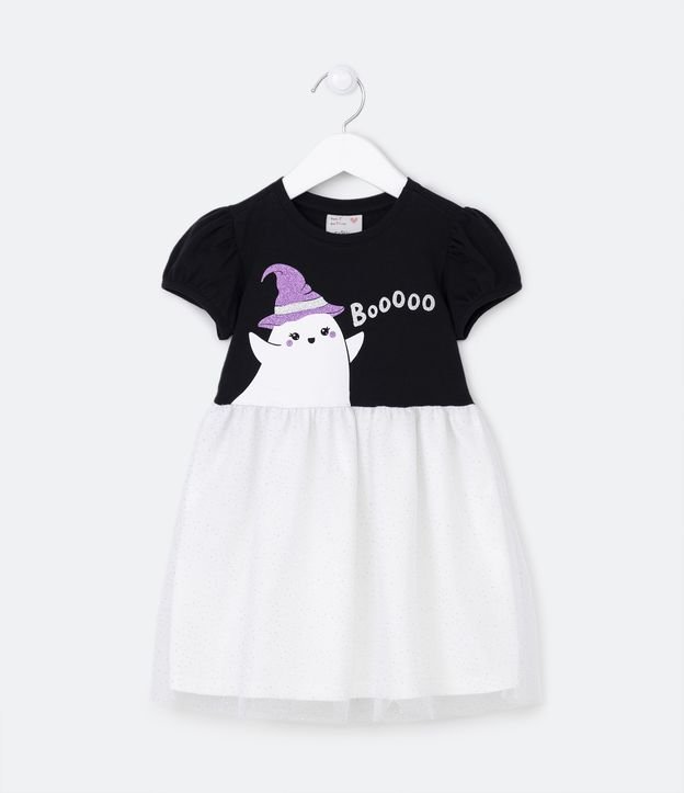 Vestido Infantil Estampa Fantasminha Bruxa - Tam 1 a 5 Anos - Cor: Preto/Branco - Tamanho: 01