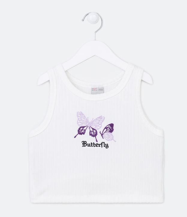 Blusa Regata Infantil Canelada com Bordado de Borboleta - Tam 5 a 14 Anos