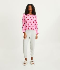 Pijama Longo em Viscolycra com Estampa de Coração