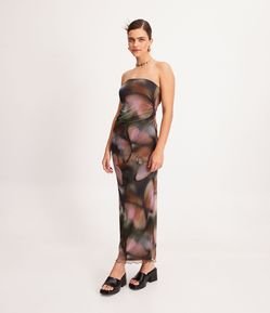 Vestido New Midi em Tule Tomara que Caia com Estampa de Borboletas e Fenda