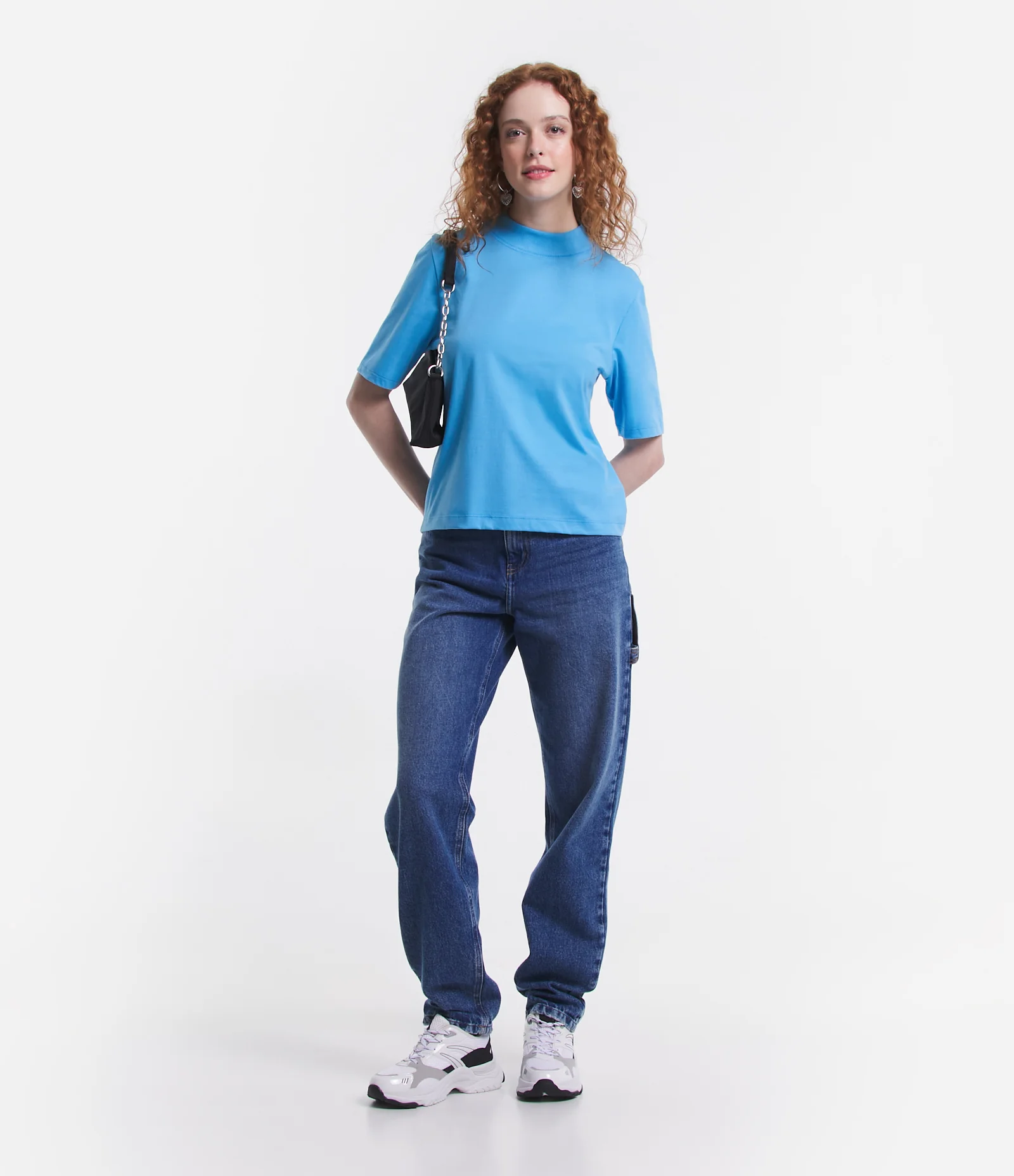 Camiseta em Algodão com Golinha Alta e Manga Curta Azul 2