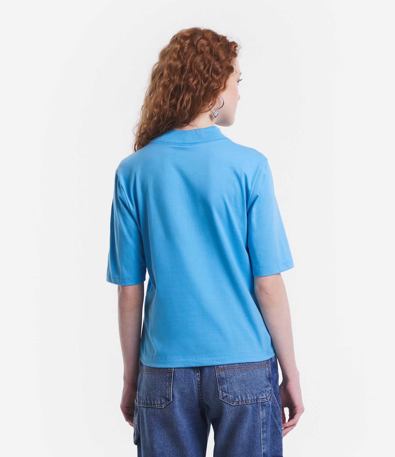 Camiseta em Algodão com Golinha Alta e Manga Curta Azul 3