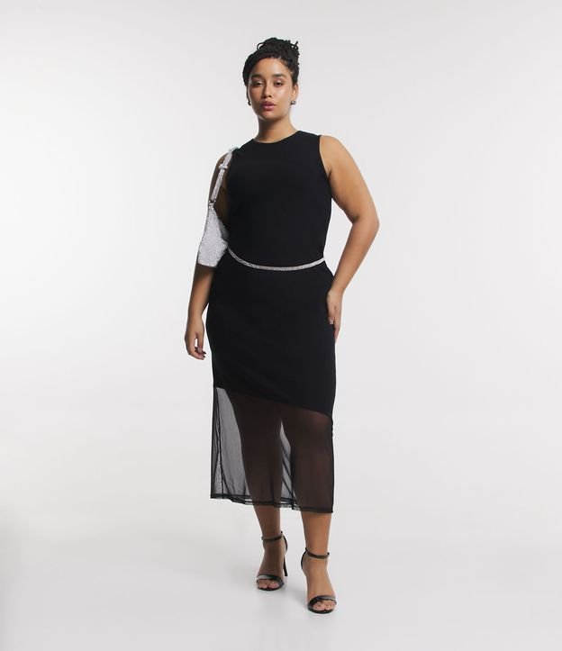 Vestido Midi em Ribana com Detalhe de Tule na Barra Preto 1