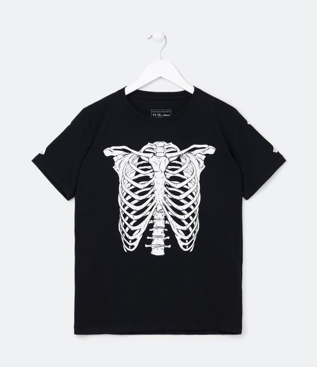 Camiseta Infantil com Estampa de Esqueleto que Brilha no Escuro - Tam 5 a 12 Anos Preto 1