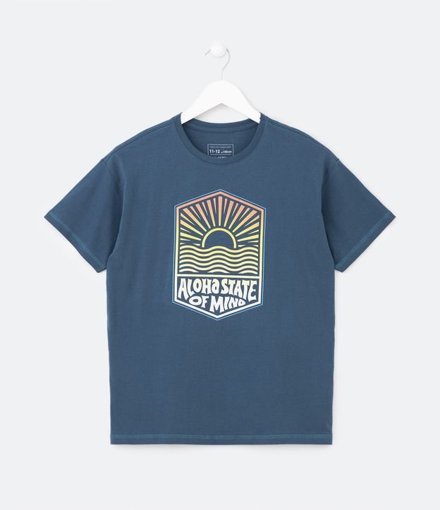 Camiseta Infantil com Estampa Pôr do Sol com Lettering - Tam 5 a 14 Anos - Cor: Azul Petróleo - Tamanho: 5-6