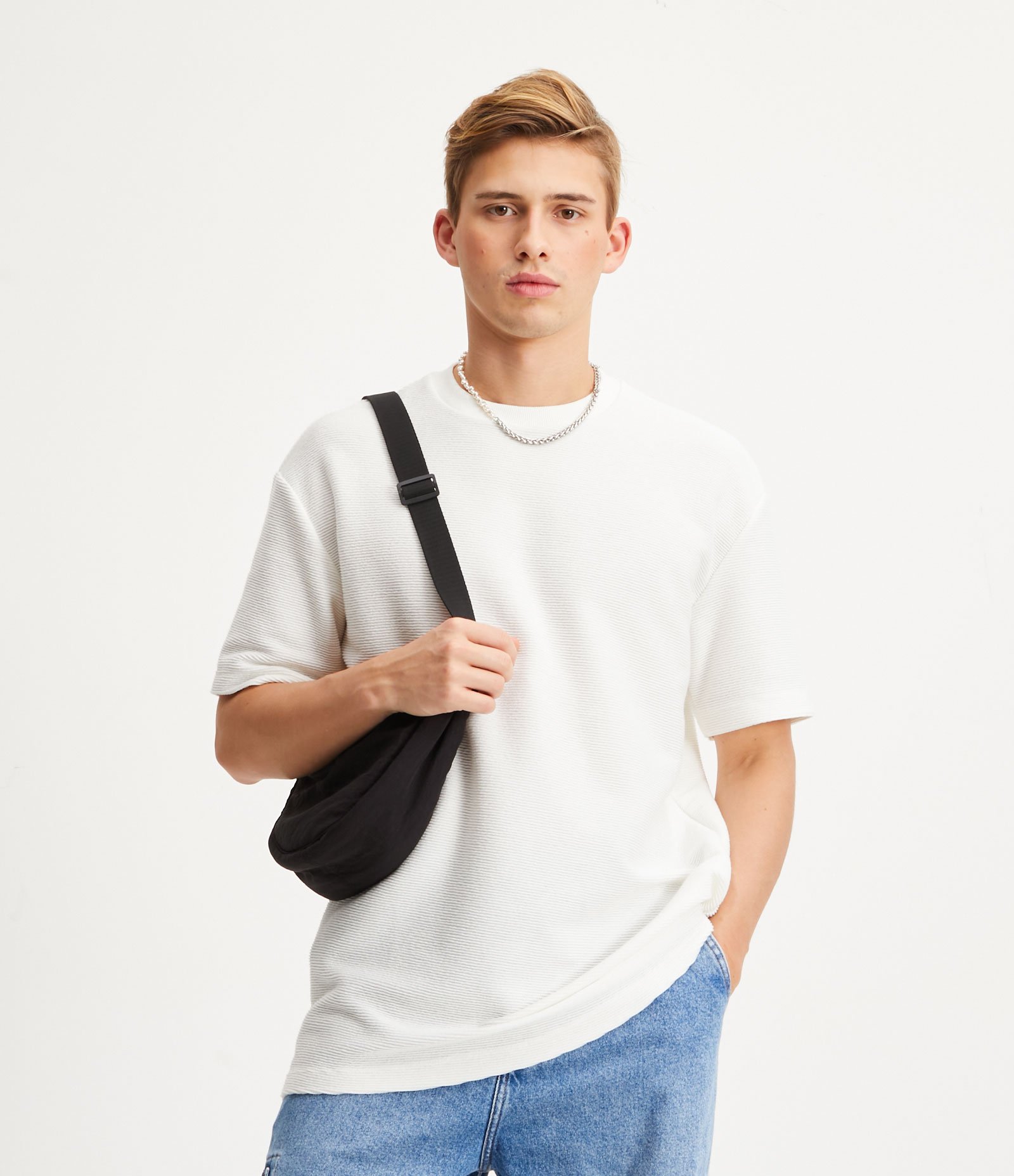 Camiseta Relaxed em Algodão com Textura Canelada e Manga Curta Off White 1