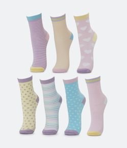Kit 07 Meias Infantis com Cano Médio e Diferentes Estampas - Tam 23 ao 38