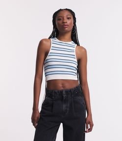 Blusa sem Manga Cropped com Gola Redonda e Listras Largas