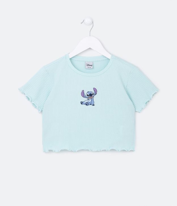 Blusa Cropped Infantil com Textura Canelada e Bordado Stitch - Tam 7 a 14 Anos