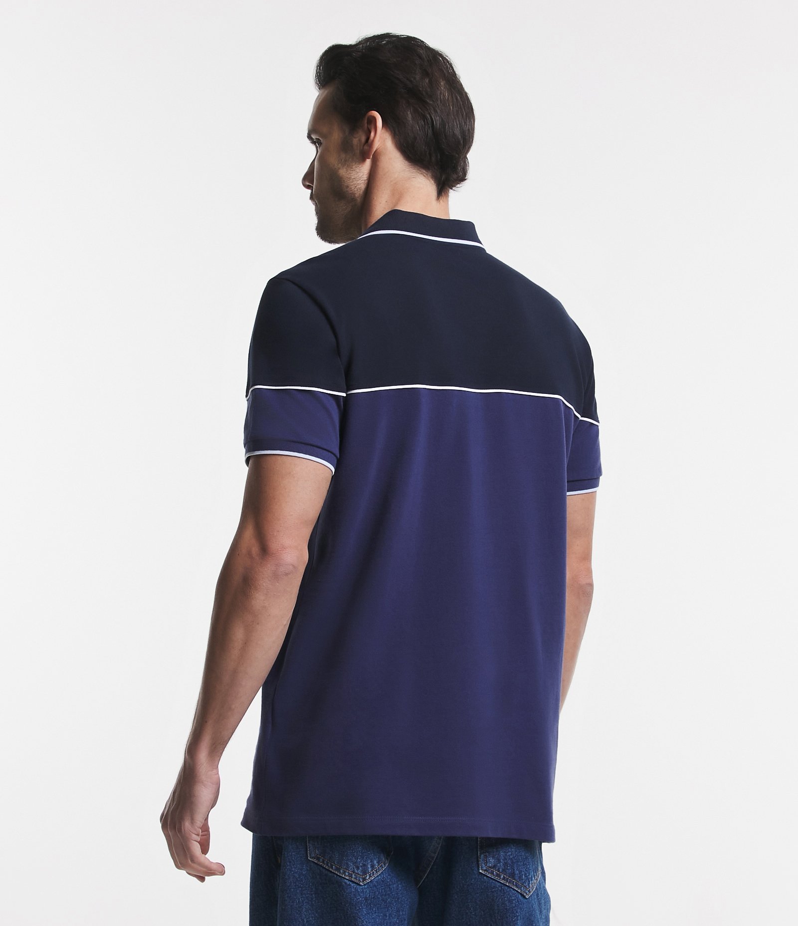 Camisa Polo Regular em Malha Piquet com Blocos de Cor e Friso Contrastante Azul 4