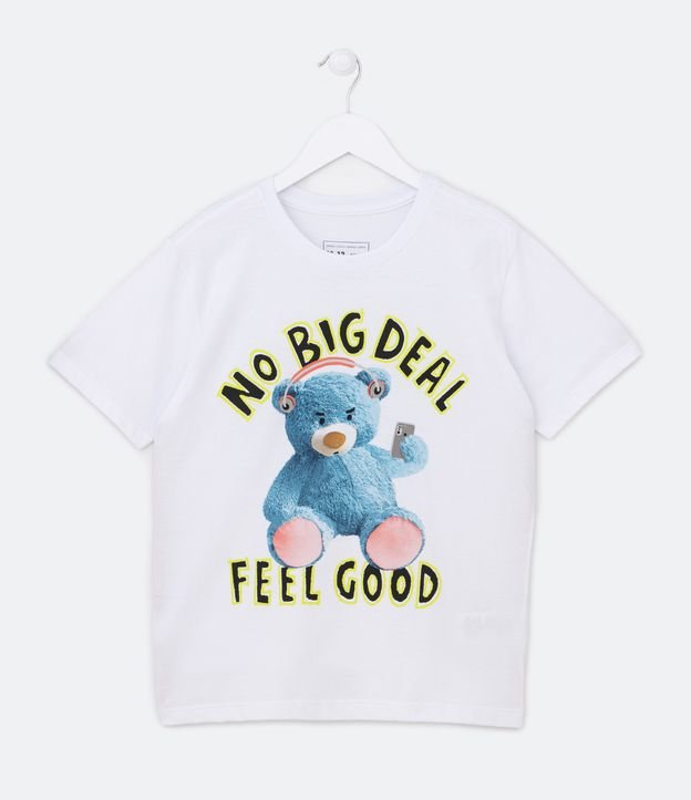 Camiseta Infantil Estampa em Lettering e Ursinho de Fone - Tam 5 a 14 Anos Branco 1