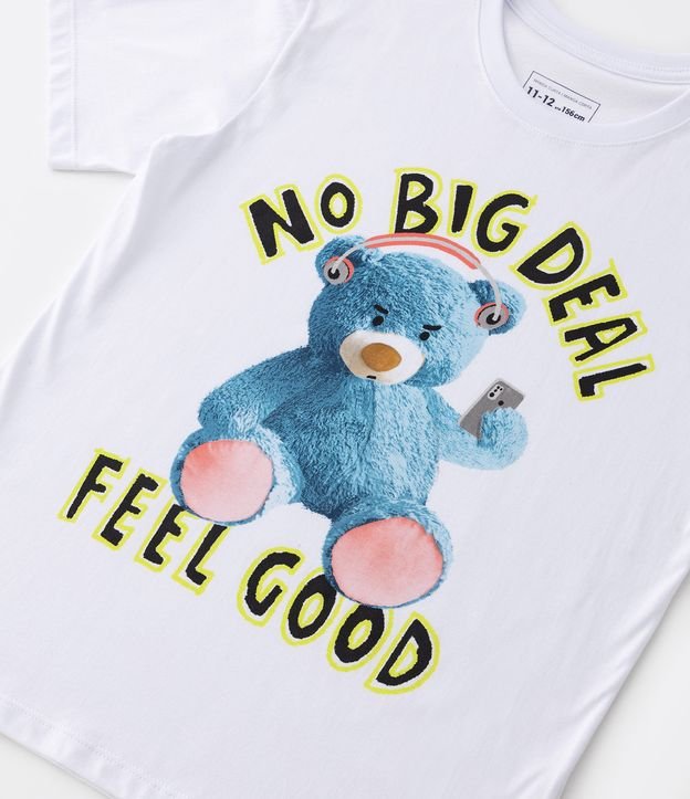 Camiseta Infantil Estampa em Lettering e Ursinho de Fone - Tam 5 a 14 Anos Branco 3