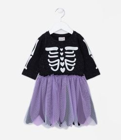 Vestido Infantil em Meia Malha Brilhosa com Estampa de Esqueleto e Saia em Tule - Tam 2 a 5 anos
