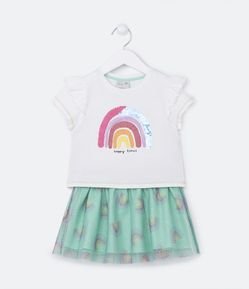 Conjunto Infantil com Blusa Babadinhos Estampa Arco Iris e Saia Tule - Tam 2 a 5 Anos