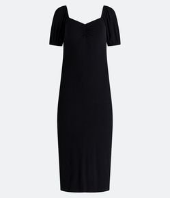 Vestido Midi em Ribana com Decote Franzido