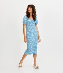 Vestido Midi em Ribana Floral com Decote Franzido