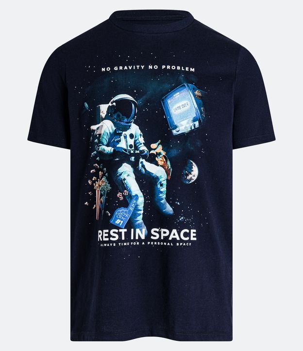 Camiseta Regular em Meia Malha com Estampa Astronauta Rest In Space Azul Escuro 5